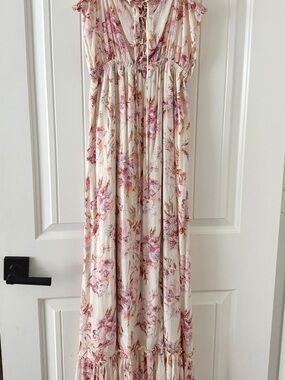 Maxi Floral Boho Dress in Cream and Pink